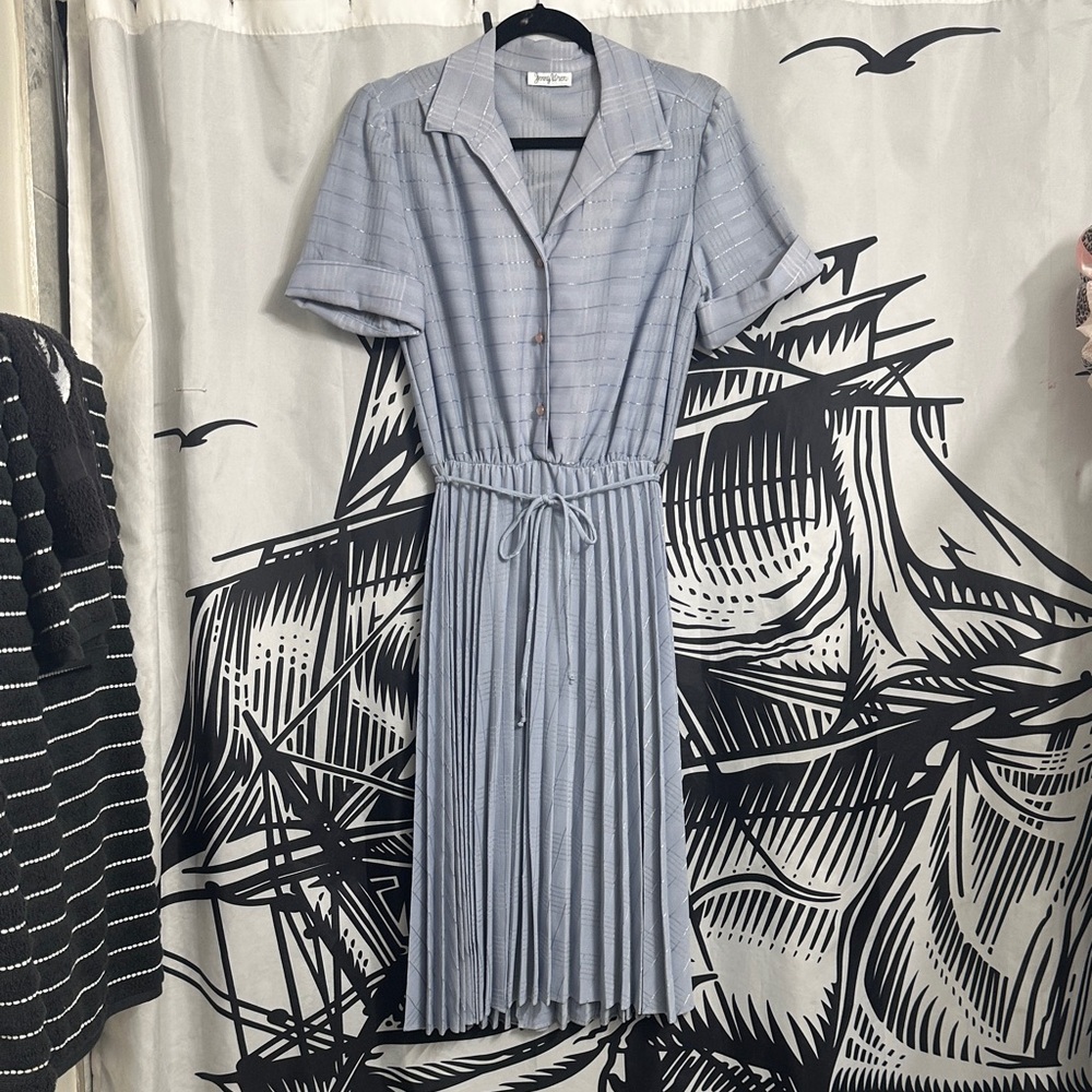 Vintage Light Blue Pleated Midi Shirt Dress
